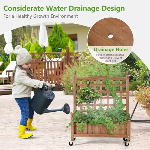 Vista 2 de Giantex Cama elevada móvil para plantas, maceta de madera con enrejado y ruedas, caja de flores para escalada de plantas, jardín vertical