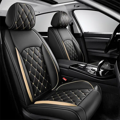 Vista 7 de Juego completo para 5 asientos, protectores de asiento de coche impermeables, transpirables, antideslizantes, de cuero, ajuste universal, para Negro
