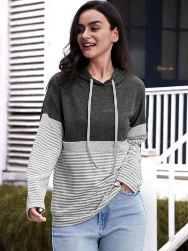 Vista 3 de Butgood Sudaderas con capucha de bloque de color para mujer, sudadera de manga larga, casual, con cordón, a rayas, túnica