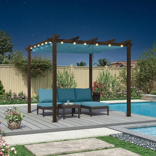 Vista 22 de PURPLE LEAF Pérgola de 10 x 12 pies con toldo retráctil, pérgola cuadrada de bronce de aluminio para patio al aire libre, junto a la piscina, beige