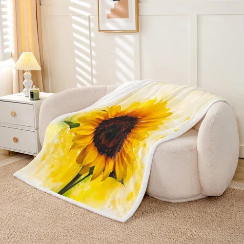 Vista 5 de Yellow Sunflowers Flannel Fleece Throw Blanket 40"x50" Country Rustic Floral Fuzzy Blanket for Sofa Couch Oil Painting All Season Bed Blankets Plush