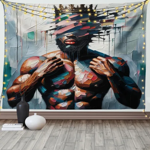 Vista 205 de Ambesonne Tapiz de arte afro, hombre negro fuerte con una corona de trazos impresión de pintura moderna, decoración de tela para colgar en la pared