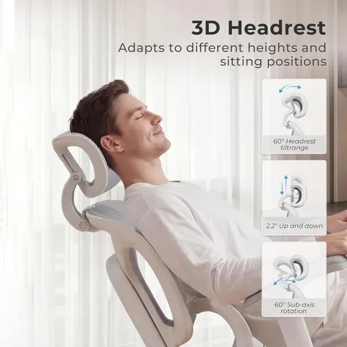 Vista 4 de WELAX Silla de oficina ergonómica sin reposapiés, silla de oficina de malla con reposabrazos y reposacabezas 3D, silla de escritorio S9 con Gris