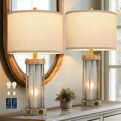 Vista 13 de Lámparas de mesa modernas para sala de estar, lámparas industriales de mesita con 2 puertos USB, lámpara rústica de mesita con luz nocturna