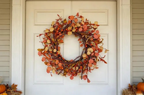 Vista 7 de Corona de otoño de 20 pulgadas para puerta delantera, decoración de otoño con hojas de eucalipto naranja, coronas rústicas de cosecha de Acción