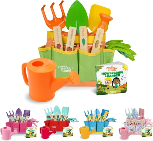 Vista 9 de Herramientas de jardinería rosas para niños: incluye bolsa de mano resistente, regadera, guantes, palas, estacas de jardín y un encantador libro