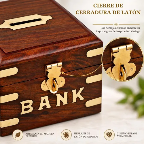 Vista 5 de Ajuny Banco de dinero de madera, hecho a mano, forma cuadrada, decorativa