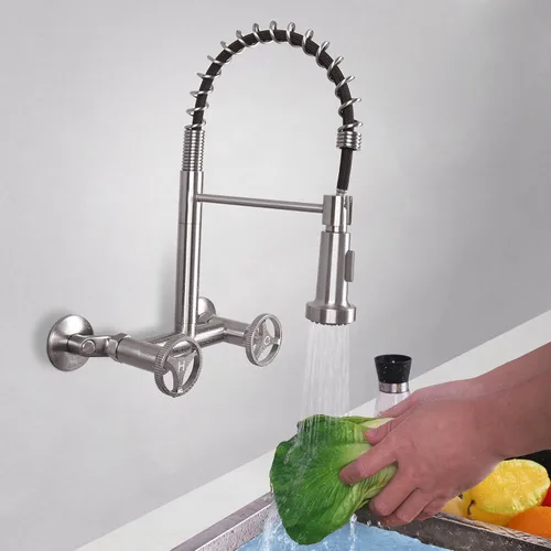 Vista 2 de Grifo de cocina de montaje en pared con pulverizador, 6 pulgadas cepillado níquel