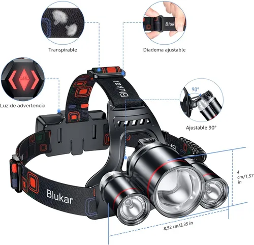Vista 7 de Blukar Linterna Frontal LED, Linterna de Cabeza Recargable Súper Brillante - 3 Luces 5 Modos, Zoom, Combinación de Luz Concentrada y Luz Difusa