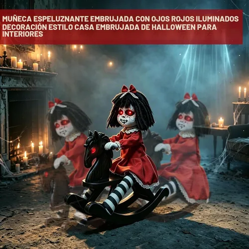 Vista 7 de Halloween Animatronic Decorations Girl Doll on Rocking Horse with Lights