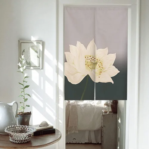 Vista 2 de Tapiz de cortina japonesa Noren para puerta, tradicional chino, pintura de loto chino, cortina de puerta impresa, cortina de puerta con acuarela