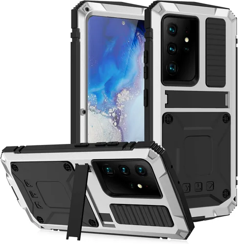 Vista 8 de Funda de metal compatible con Samsung Galaxy S21, resistente al polvo, grado militar, con soporte plegable integrado con cubierta de parachoques