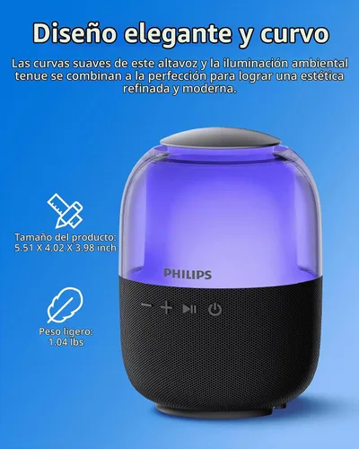 Vista 7 de Philips S2108 Altavoz Bluetooth portátil, 5 W RMS, 7 horas de reproducción, emparejamiento estéreo TWS, efectos de luz LED, carga USB-C, graves