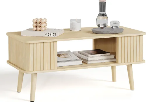Vista 9 de Mesa de café LAZZO con almacenamiento mesa central para sala de estar mesa de café rectangular con bordes redondeados, fácil montaje, madera natural