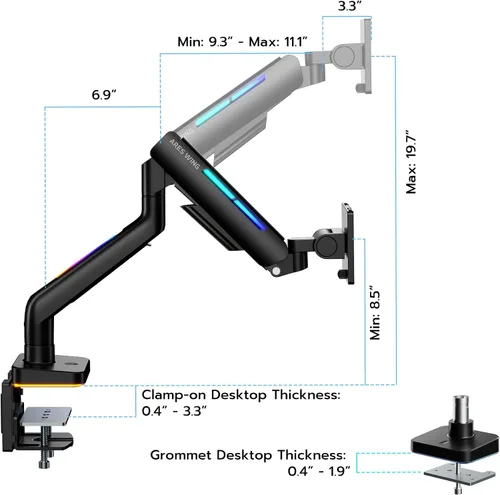 Vista 8 de Brazo de monitor ultraancho para pantalla de 17 a 49 pulgadas de alta resistencia de hasta 44 libras, brazo de monitor único con resorte de gas