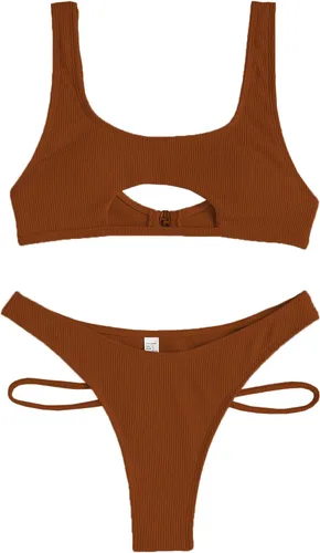 Vista 2 de SherryDC Conjunto de bikini sexy con cuello redondo acolchado y tirantes delgados para mujer