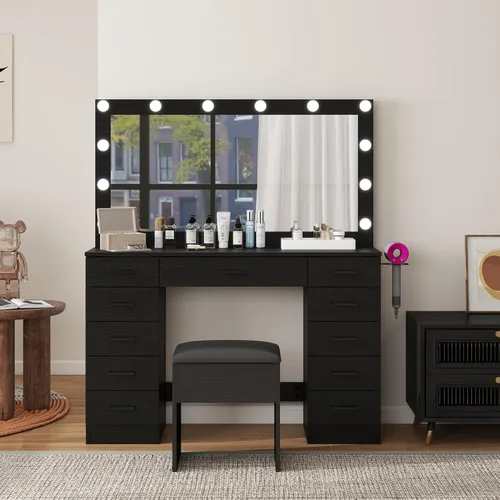 Vista 2 de Escritorio de tocador con espejo grande y luces, 11 cajones, mesa de maquillaje con taburete, 3 modos de iluminación, brillo ajustable, tocador