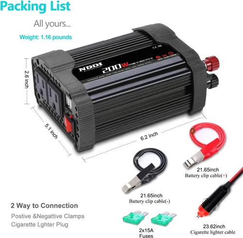 Vista 6 de NDDI 200W Inversor de corriente para automóvil 12V DC a 110V AC con adaptador de cargador USB rápido de 3.1A de doble puerto (Negro) 3.1A Dual USB