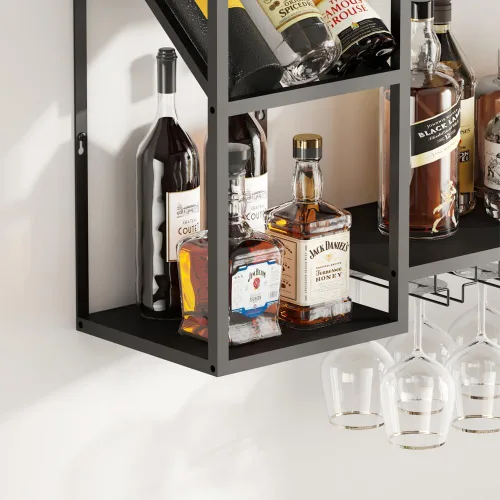 Vista 8 de KaKaBB Estante de vino montado en la pared, estantes de metal de 47 pulgadas de 2 niveles con soporte para vidrio, capacidad para 30 botellas y de 6
