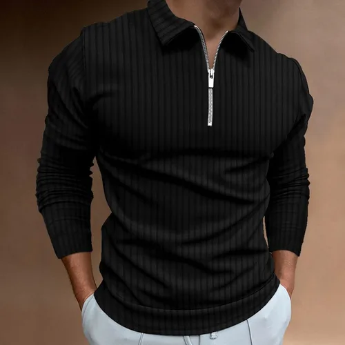 Vista 2 de Camisetas con solapa y cremallera para hombre, elásticas, ligeras, térmicas, de manga larga, elásticas, sin botones, básicas, túnica