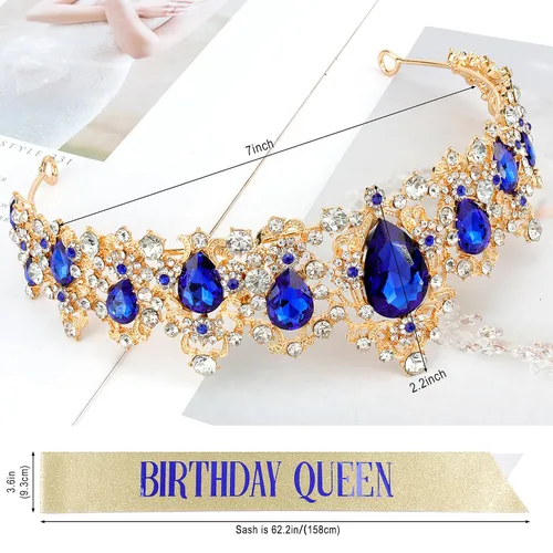 Vista 3 de Didder Faja y corona dorada de cumpleaños para mujeres y niñas, decoraciones felices Azul