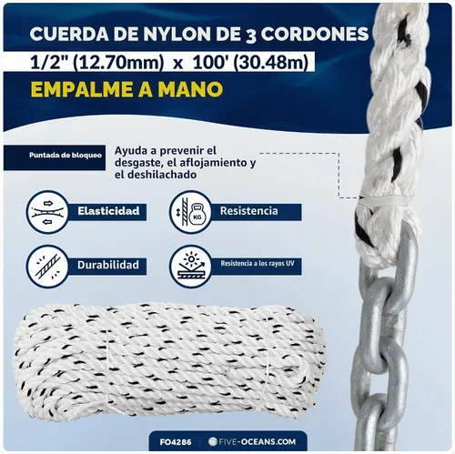 Vista 5 de Five Oceans Cadena y cadena de anclaje de molinete, cuerda de anclaje empalmada a mano y kit de cadena, cuerda de nailon de 3 hebras, cadena