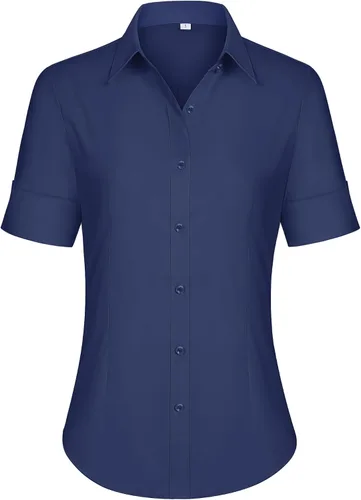 Vista 26 de siliteelon Camisas de vestir de manga corta con botones para mujer, camisas de algodón con botones para mujer, blusa ajustada de manga 3/4