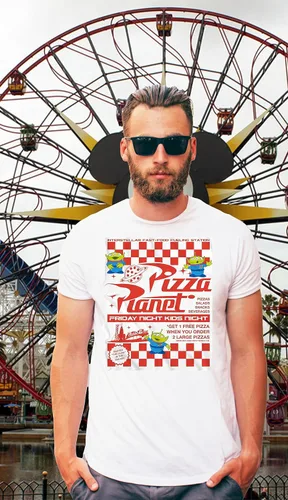 Vista 4 de Disney Pixar Toy Story Pizza Planet Take Out Flyer Disneyland World Tee Funny Humor Camiseta gráfica para hombre