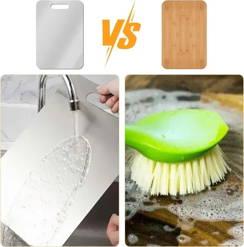 Vista 6 de Tabla de cortar de titanio para cocina, tablas de cortar de acero inoxidable de doble cara de grado alimenticio para cortar verduras y carne, fácil