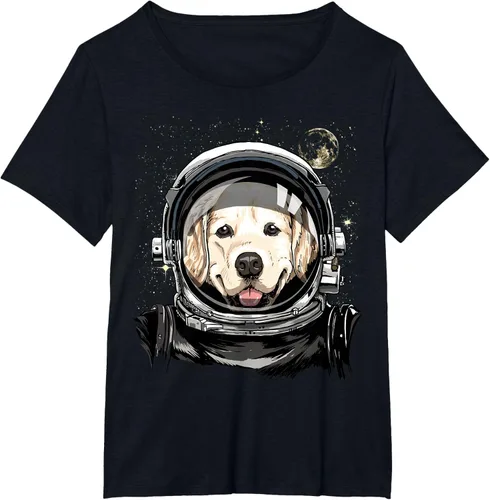Vista 72 de Camiseta para amantes de los perros de los astronautas del espacio exterior Golden Retriever Lover, Negro