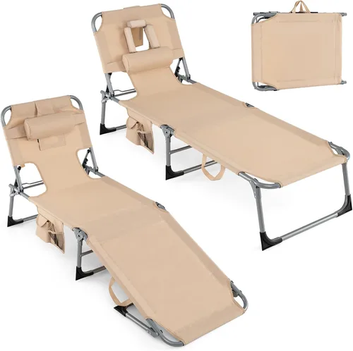 Vista 17 de Goplus Silla bronceadora, silla plegable ajustable para patio con orificio para la cara, almohada extraíble, 330 libras, correa de transporte, silla