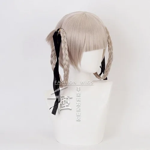 Vista 4 de SYIBOO Anime Kakegurui Kirari Momobami 35cm Short Wigs Gray Braids Styled Clip on Cosplay Wig+ Wig Cap