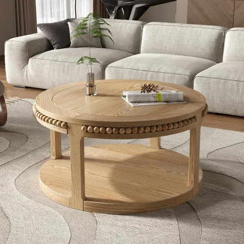 Vista 34 de Mesa de centro redonda de madera de 31.49 pulgadas con almacenamiento, mesa de centro circular acanalada de 2 niveles con tapa y estante para sala