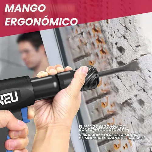 Vista 4 de Martillo neumático, kit de cincel de aire de barril corto NEU PNEUPACTURE de 7.480 in, con 4 cinceles, con retenedor de cambio rápido, cincel