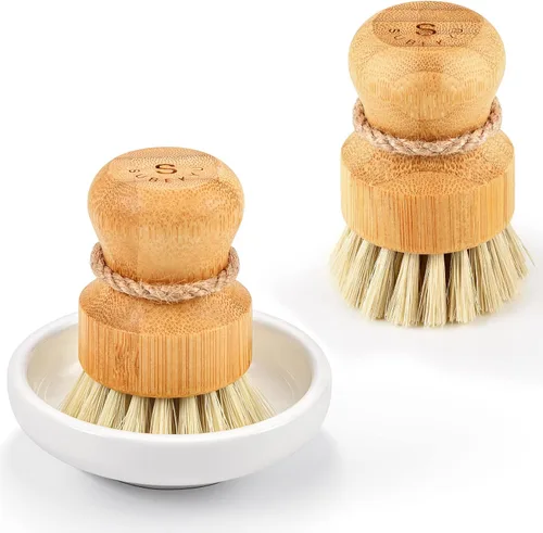 Vista 9 de SUBEKYU - Juego de cepillos de bambú para platos de cocina, juego de estropajos de limpieza de madera para lavar sartenes/ollas de hierro fundido