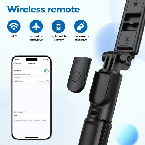 Vista 5 de Trípode para selfie, trípode retráctil para selfie stick con control remoto inalámbrico, para fotografía, transmisión en vivo, grabación de video