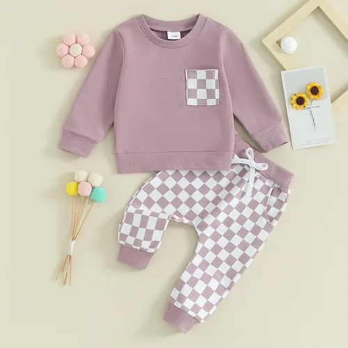 Vista 2 de Ehfomius Conjunto de 2 piezas de sudadera de manga larga con cuello redondo para bebé niño y niña