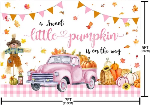 Vista 5 de AIBIIN Telón de fondo de calabaza para baby shower de 7 x 5 pies para niñas, otoño y otoño, decoración de fiesta de baby shower, coche rosa