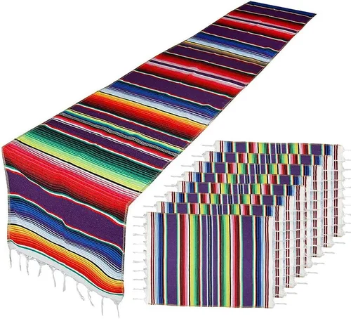 Vista 9 de Camino de mesa mexicano con manteles individuales (8 unidades), manteles individuales surtidos de serape mexicano, decoraciones de boda, manta