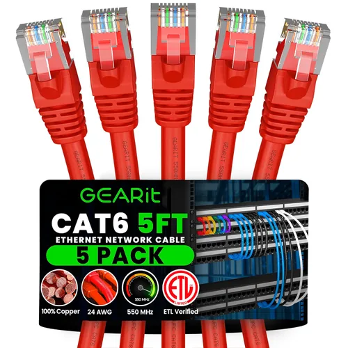 Vista 48 de GEARit Cables de conexión Cat6 de 1 pie negro (paquete de 5) Cables de conexión Cat 6 de 1 pie, cable de conexión negro/Ethernet, 10Gbps 550MHz