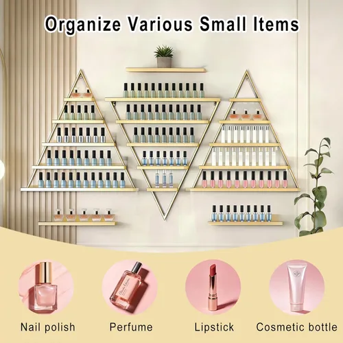Vista 3 de Estante de metal para esmalte de uñas, 6 juegos triangulares de exhibición de cosméticos, organizador de estantes de botellas de aceite esencial