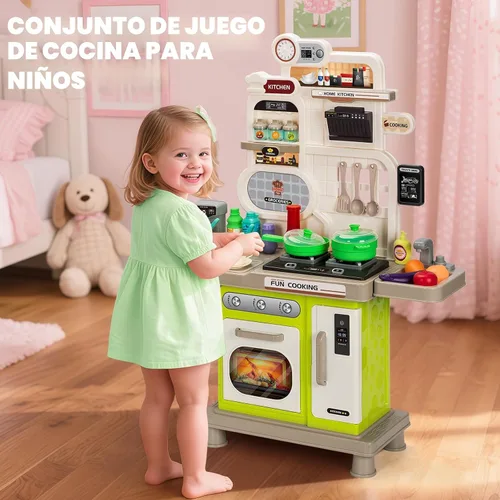 Vista 6 de Juego de cocina para niños, juego de cocina para niños pequeños, juguetes con sonido y luz, estufa de cocina, fregadero de juegos, accesorios