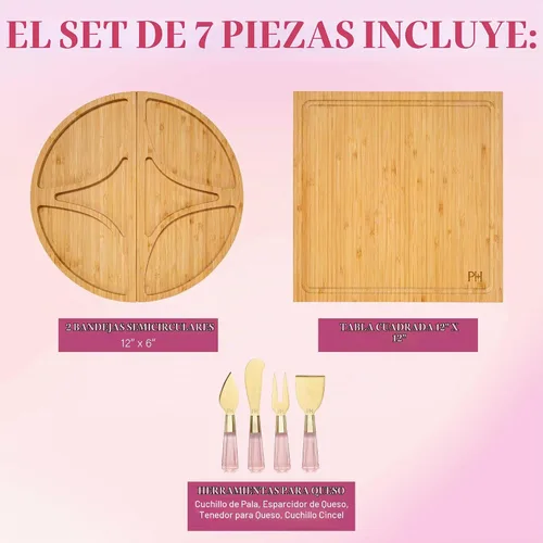 Vista 8 de Juego de tabla para embutidos y bandeja de servir Paris Hilton, tabla de bambú magnética y personalizable con utensilios para queso, set de 7