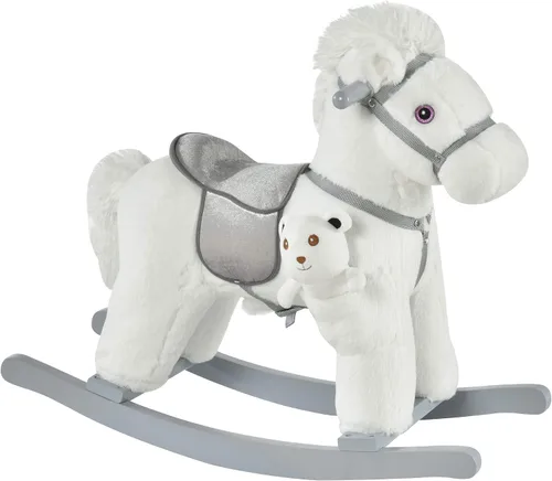 Vista 10 de Qaba Caballo mecedor de peluche para niños con juguete de oso, silla para niños con juguete de felpa suave y divertidos sonidos realistas, rosa
