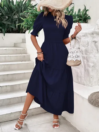 Vista 79 de BTFBM Vestidos para mujer, cuello redondo, casual, de verano, con volantes, manga corta, bohemio, con niveles, fruncido, largo, con estampado floral