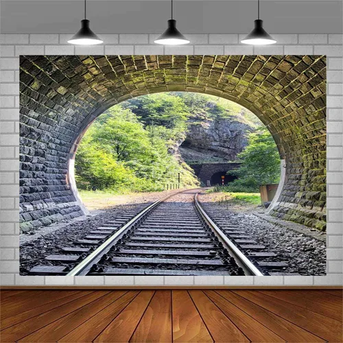 Vista 9 de Telón de fondo de pista de tren de 5 x 3 pies, túnel de montaña, ladrillo vintage, Sunmmer, paisaje, árboles verdes, sol, adulto, hombre, niño