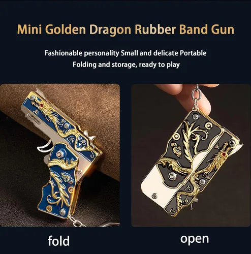 Vista 3 de 2pcs mini oro dragón goma banda pistola metal plegable llavero nuevas e interesantes goma banda juguete pistola al aire libre regalo fiesta