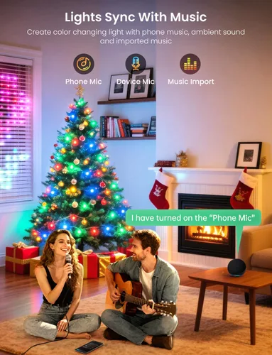 Vista 6 de Luces de hadas inteligentes para árbol de Navidad de 65.6 pies, 200 LED, RGB+IC que cambian de color, luces de cadena navideñas, control por