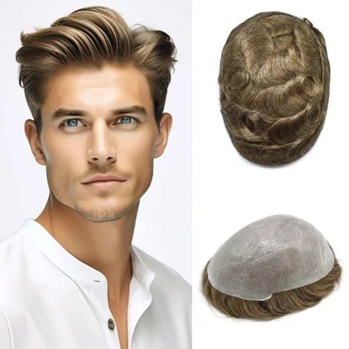Vista 66 de 0.002 in ultra fina piel tupé Remy cabello humano piezas para hombres V-Looped sistema de pelo para hombre tupé pelo tupé para hombres protesis