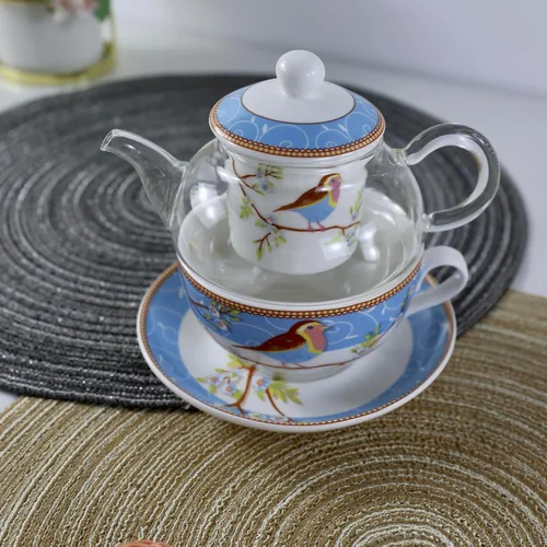 Vista 5 de Juego de té para uno, tetera de vidrio con infusor de porcelana y colador y taza y platillo, patrón de pájaro feliz (azul)